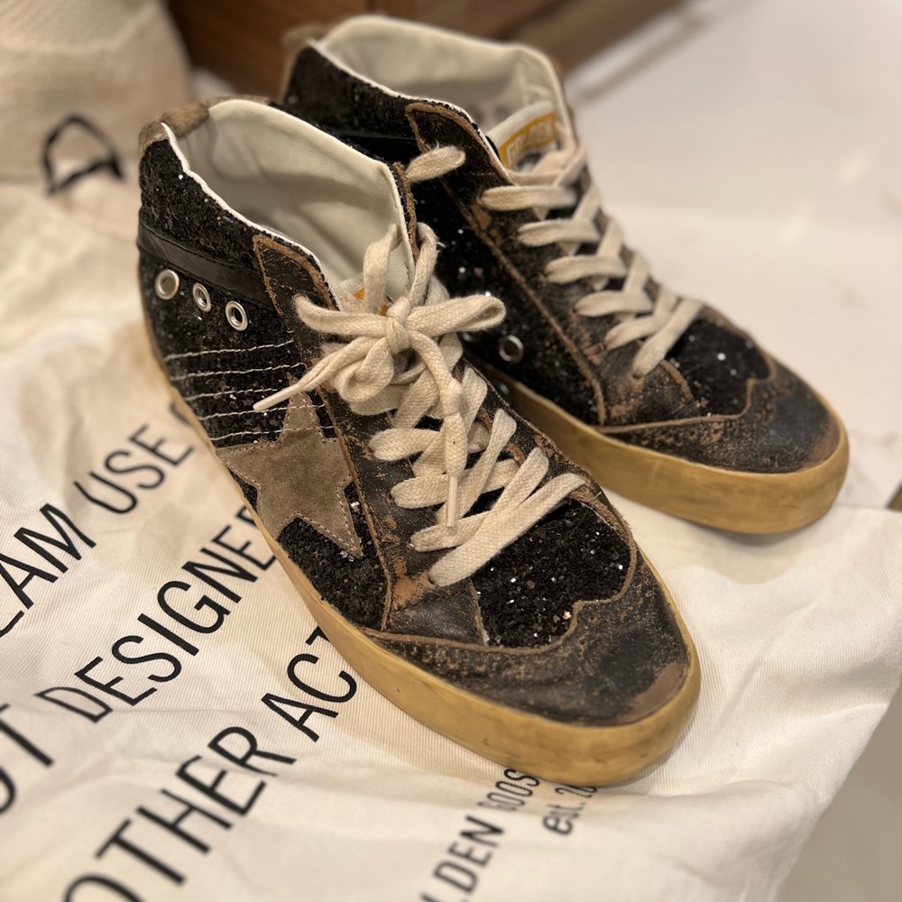 Golden Goose Black Glitter High-Top Sneakers with Star